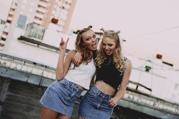 lifestyle and people concept: Fashion portrait of two stylish girls best friends wearing jeans skirts, outdoors on the roof. Happy summer time for fun.