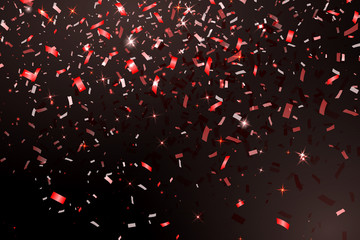 Falling Shiny Glitter red Confetti isolated on black background. Christmas or Happy New Year Confetti. Vector Illustration