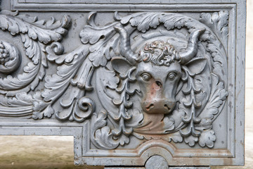 MOSCOW, RUSSIA - SEPTEMBER 7, 2016: Details to the carriages of the French guns from the collection of artillery of XVI-XIX centuries near the building of Arsenal, the Moscow Kremlin, Moscow.