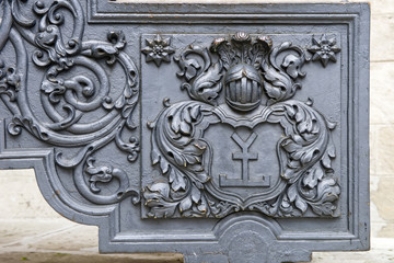 MOSCOW, RUSSIA - SEPTEMBER 7, 2016: Details to the carriages of the French guns from the collection of artillery of XVI-XIX centuries near the building of Arsenal, the Moscow Kremlin, Moscow.