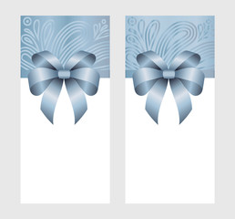 Gift Card With Blue Ribbon And A Bow on blue background.  Gift Voucher Template.  Vector image.