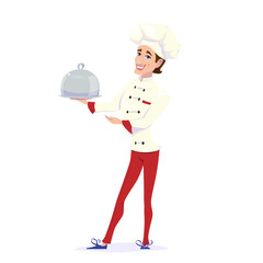 Vector illustration of cook chef carrying dinner plate meal and pointing to that