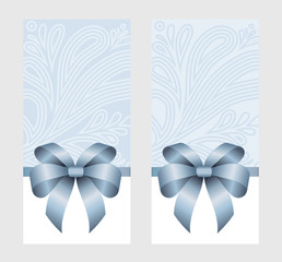 Gift Card With Blue Ribbon And A Bow on blue background.  Gift Voucher Template.  Vector image.