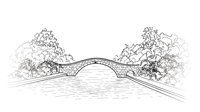 black and white bridge over water clip art preview