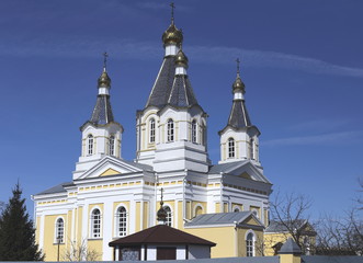 Naklejka premium A temple of white color against the blue sky. Golden domes . Near are fir trees. 