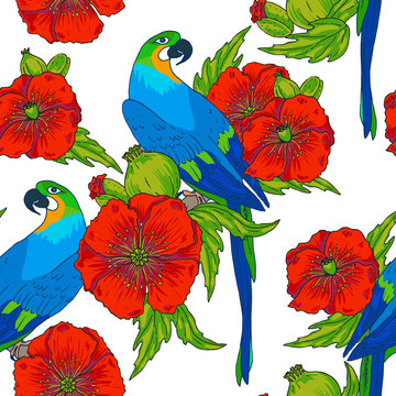 Vector macaw parrot seamless pattern. Animal in the wild hand drawn sketch with beautiful colorful exotic bird sitting on branch with beautiful vivid flowers and leaves