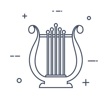 Simple black lyre line icon on a white background. Icon of the musical instrument. A symbol of music and poetry. Vector illustration