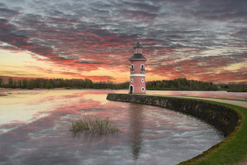 panoramic view of the lighthouse close to the little Pheasant Castle in Chinese style, the part of...