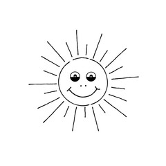 Smiling sun cartoon. Summer holiday sign. Happy funny face