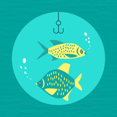 Fishing emblem. Freehand drawn fancy icon in cartoon style. Colorful animal logo template. Fish, fishermen hook sign. Element for project banner background. Vector design of advertisement label symbol