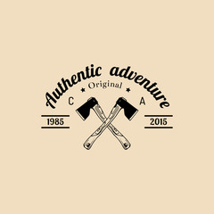 Vector camp logo. Tourist sign with hand drawn axes. Retro hipster emblem, badge, label of outdoor adventures.