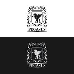 Vector monogram logo template. Luxury pegasus design. Graceful vintage animal. Used for hotel, restaurant, boutique etc.