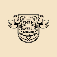 Vector authentic camp logo. Tourist sign with hand drawn canoe and paddles. Retro hipster badge of outdoor adventures.