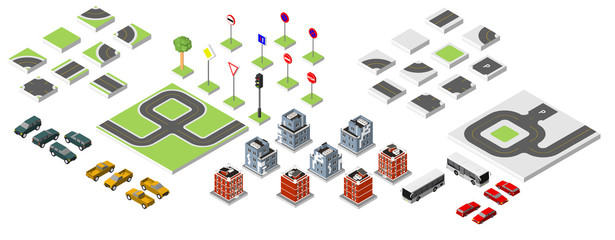 Set Isometric road and Vector Cars, Common road traffic regulatory. Vector illustration eps 10 isolated on white background.