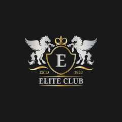 Vector monogram logo template. Luxury letter design. Graceful vintage character with pegasus symbols illustration.