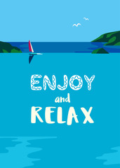 Summer seaside nature landscape. Blue sea scenic view poster. Freehand drawn cartoon retro style. Vacation sea sailing leisure banner background. Outdoors vector Illustration of recreation on seashore