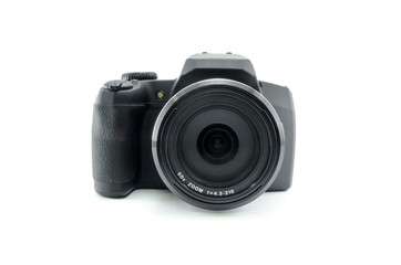 Photo camera isolated on white background. Modern ultra zoom photo camera. Front and side view.
