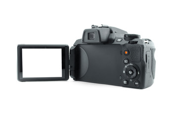 Photo camera with blank display screen isolated on white background. Modern ultra zoom photo camera.