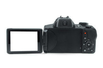 Photo camera with blank display screen isolated on white background. Modern ultra zoom photo camera.