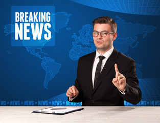 Television presenter in front telling breaking news with blue modern background