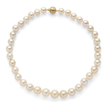 Round graduated luster pearl necklace with diamond yellow gold ball clasp - cream white south sea - top view on white background