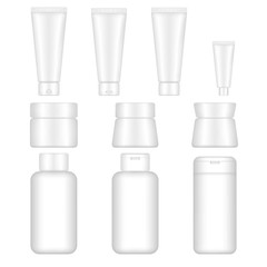 Set vector blank templates of empty white plastic containers. Bottles with shampoo, tubes and jars with cream, tubes with toothpaste