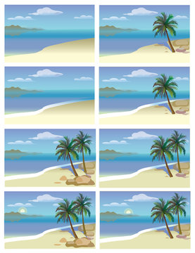 Flat vector set tropical island with sea and palm trees. A set of colored species with palm trees and sea
