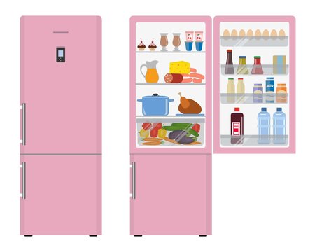 Pink fridge with open doors, a full of food. Vector flat illustration.