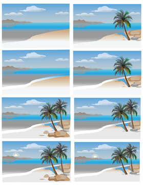 Flat vector set tropical island with sea and palm trees. A set of colored species with palm trees and sea
