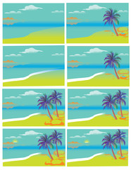 Fototapeta na wymiar Flat vector set tropical island with sea and palm trees. A set of colored species with palm trees and sea