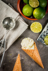 Refreshing lime sorbet in a bowl with a spoon for ice cream. With horns for ice cream (one full of ice cream), limes, grater for peel. On an old gray concrete table. Copy space top view