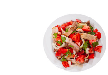 vegetables salad with meat. top view. isolated on white