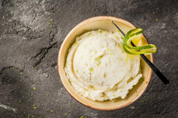 Refreshing lime sorbet in little bowl, one portion, with lime garnish On an old gray concrete table. Copy space top view