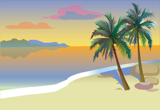 A flat vector image of a tropical island with palm trees.