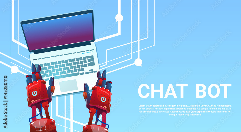 Poster chat bot hands using laptop computer, robot virtual assistance of website or mobile applications, ar