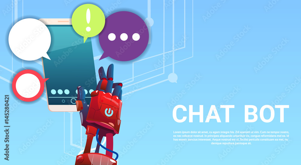 Poster chat bot hands using cell smart phone, robot virtual assistance of website or mobile applications, a