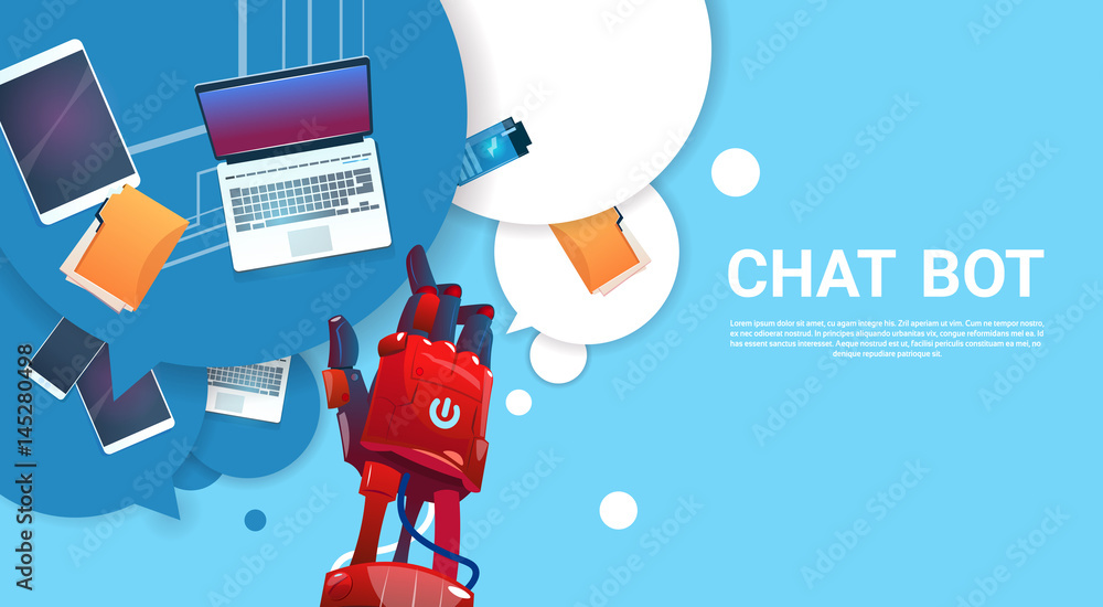 Poster chat bot robot virtual assistance of website or mobile applications, artificial intelligence concept