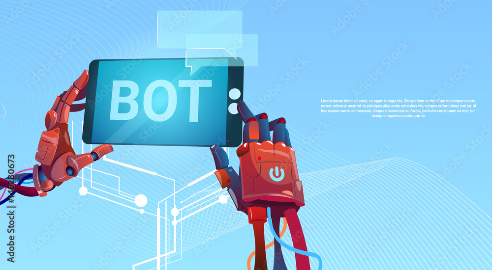 Poster chat bot hands using cell smart phone, robot virtual assistance of website or mobile applications, a