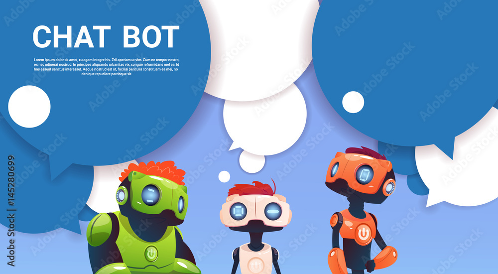 Poster chat bot robot virtual assistance of website or mobile applications, artificial intelligence concept