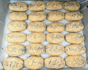 Fototapeta na wymiar Group of plated whole grain rolls with poppy seeds unbaked on baking paper