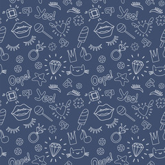 Cute fashion seamless pattern with patch badges: lips, heart, eyes, ring, star, cat, lashes, ice cream, sequins. Vector trendy illustration.