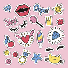 Fashion cute set: patches, badges, pins and stickers. Vector trendy illustration.