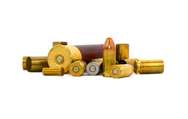 Set of bullet casings isolated on white background