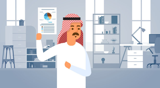 Arab Business Man Holding Documents With Economic Finance Graph Entrepreneur In Modern Office Flat Vector Illustration