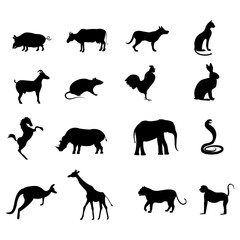 Set of sixteen black animal silhouettes.