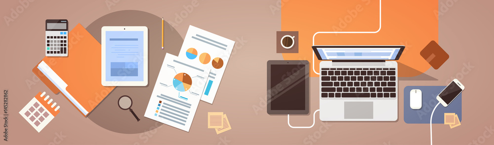 Poster workplace desk top angle view tablet laptop computer with paper documents reports finance graph flat