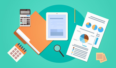 Workplace Desk Top Angle View Tablet Computer With Paper Documents Reports Finance Graph Flat Vector Illustration