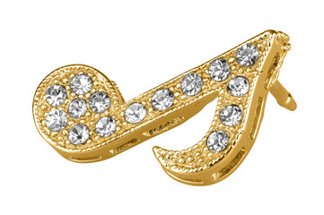 Golden brooch shaped like a musical note, with small diamonds, isolated on white background, clipping path included