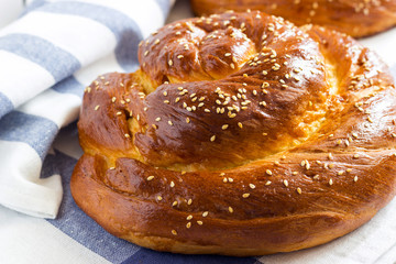 Homemade challah bread with sesame seeds