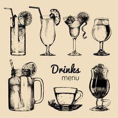 Cocktails,soft drinks and glasses for bar,restaurant,cafe menu. Hand drawn different beverages vector illustrations set.